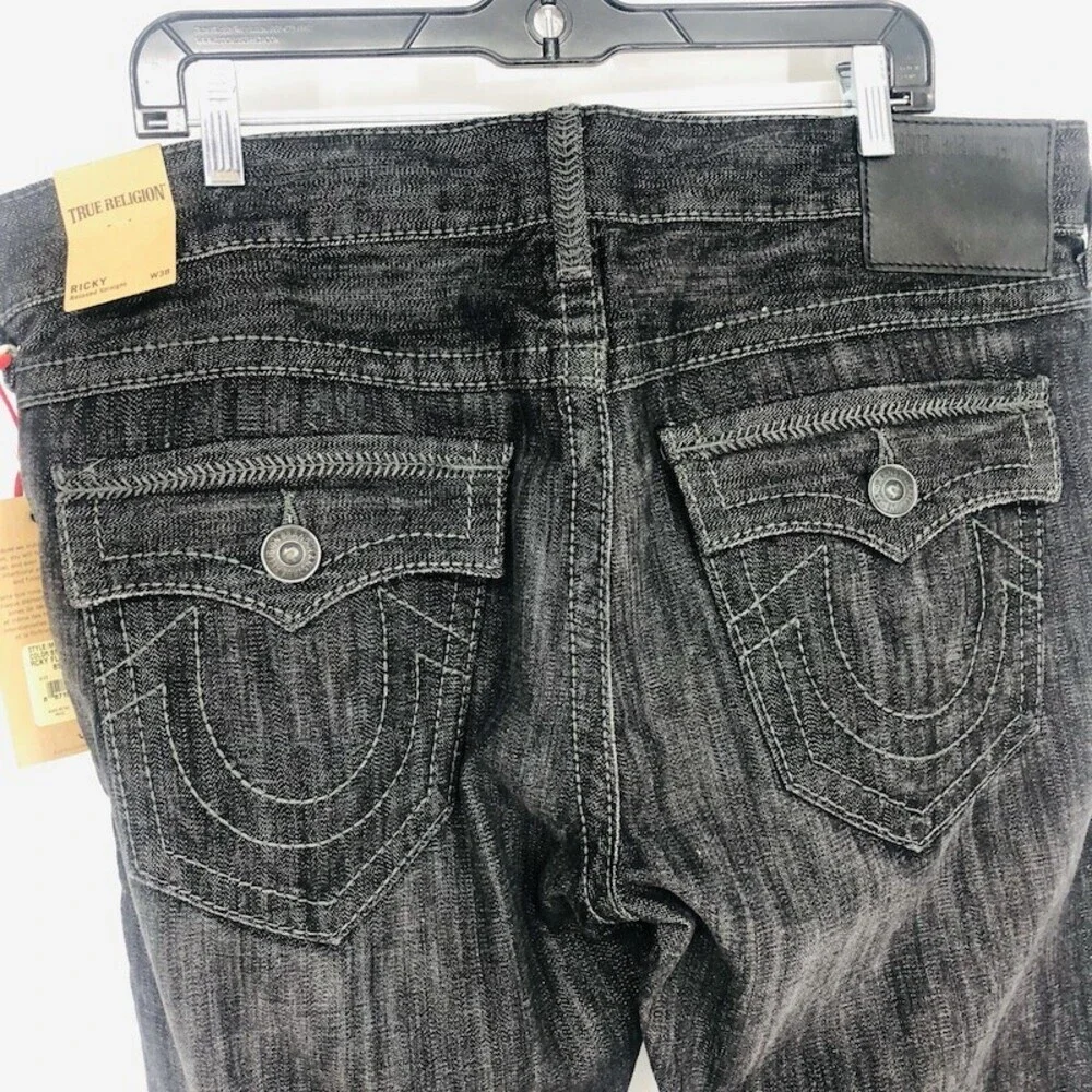True Religion Men's Black Denim Cotton HighRise Ricky Relaxed Straight Jeans 38